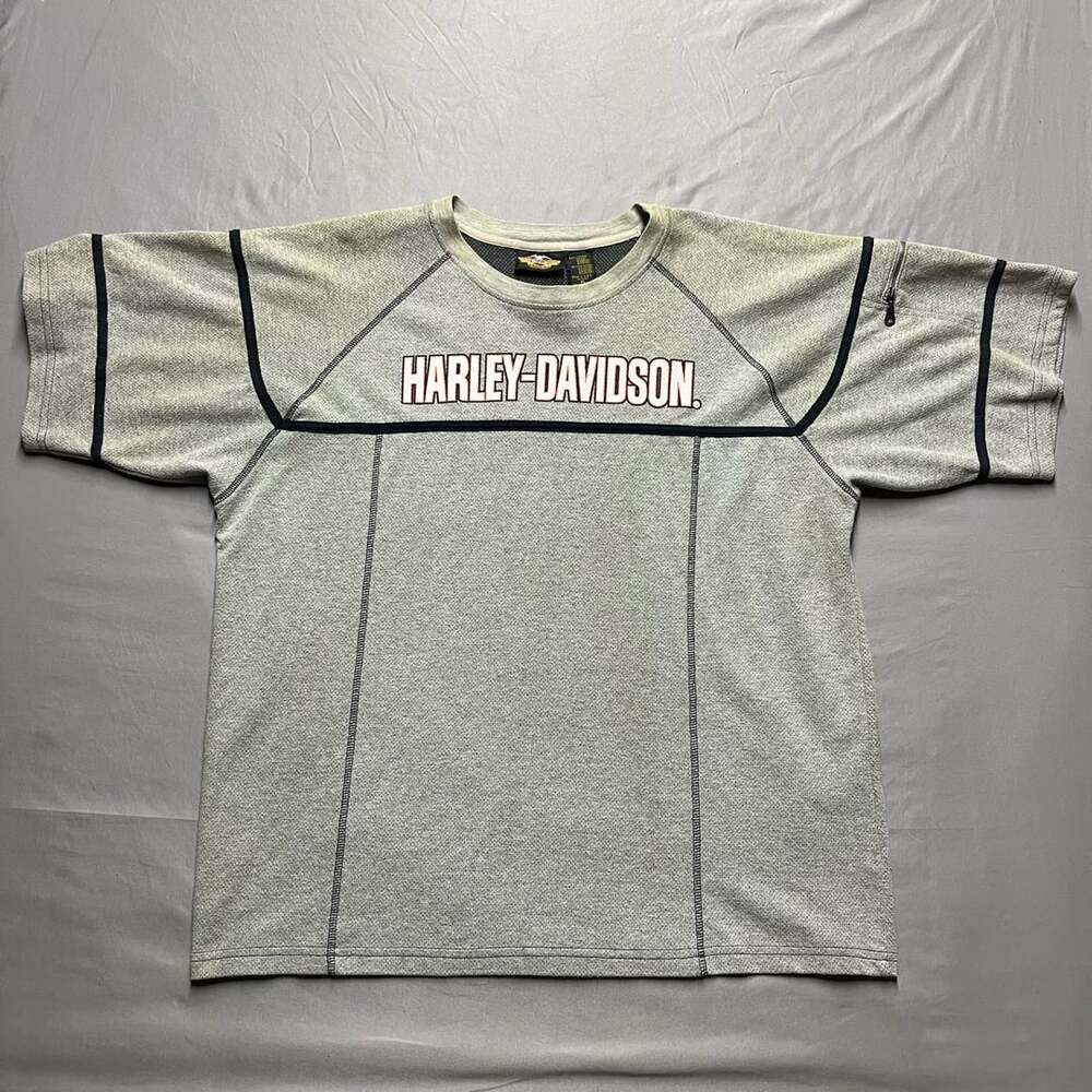 Harley Davidson Short Sleeve Shirt Size XL Gray Piping Zip Pocket Y2K